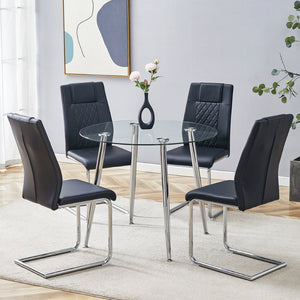 English Elm Table Set Round Tempered Glass Top Silver Legs Gray Pu Leather Chairs Modern Dining Black W1151S01784