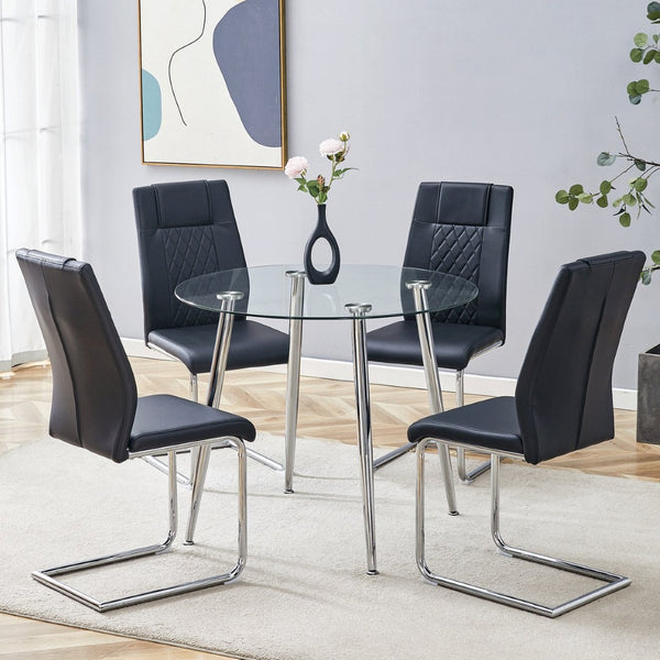 English Elm Table Set Round Tempered Glass Top Silver Legs Gray Pu Leather Chairs Modern Dining Black W1151S01784