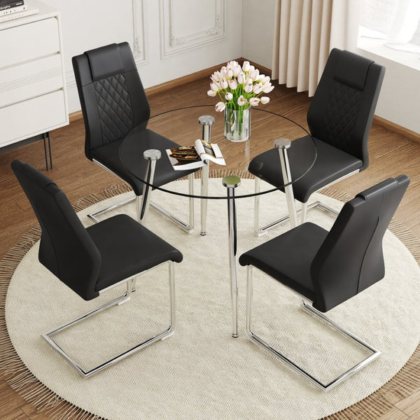 English Elm Table Set Round Tempered Glass Top Silver Legs Gray Pu Leather Chairs Modern Dining Black W1151S01784
