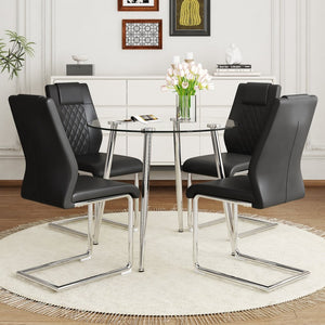 English Elm Table Set Round Tempered Glass Top Silver Legs Gray Pu Leather Chairs Modern Dining Black W1151S01784