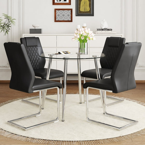 English Elm Table Set Round Tempered Glass Top Silver Legs Gray Pu Leather Chairs Modern Dining Black W1151S01784