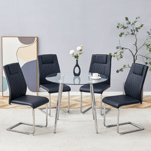 English Elm Table Set Round Tempered Glass Top Silver Legs Gray Pu Leather Chairs Modern Dining Black W1151S01784