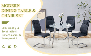English Elm Table Set Round Tempered Glass Top Silver Legs Gray Pu Leather Chairs Modern Dining Black W1151S01784