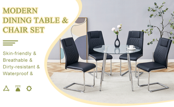 English Elm Table Set Round Tempered Glass Top Silver Legs Gray Pu Leather Chairs Modern Dining Black W1151S01784