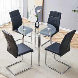 English Elm Table Set Round Tempered Glass Top Silver Legs Gray Pu Leather Chairs Modern Dining Black W1151S01784