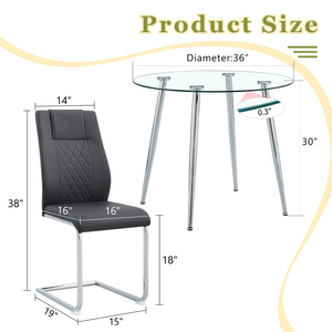 English Elm Table Set Round Tempered Glass Top Silver Legs Gray Pu Leather Chairs Modern Dining Black W1151S01784