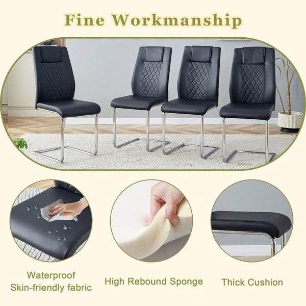English Elm Table Set Round Tempered Glass Top Silver Legs Gray Pu Leather Chairs Modern Dining Black W1151S01784