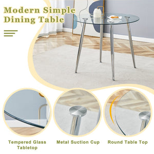 English Elm Table Set Round Tempered Glass Top Silver Legs Gray Pu Leather Chairs Modern Dining Black W1151S01784