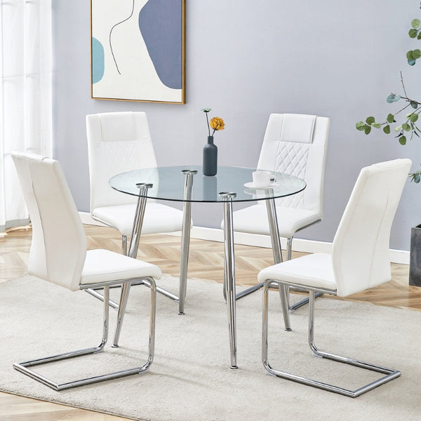 English Elm Table Set Round Tempered Glass Top Silver Legs Gray Pu Leather Chairs Modern Dining White W1151S01785