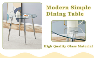 English Elm Table Set Round Tempered Glass Top Silver Legs Gray Pu Leather Chairs Modern Dining White W1151S01785