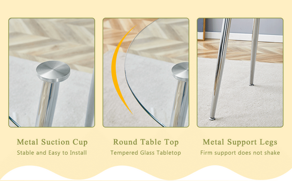 English Elm Table Set Round Tempered Glass Top Silver Legs Gray Pu Leather Chairs Modern Dining White W1151S01785