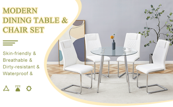 English Elm Table Set Round Tempered Glass Top Silver Legs Gray Pu Leather Chairs Modern Dining White W1151S01785
