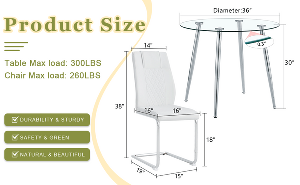 English Elm Table Set Round Tempered Glass Top Silver Legs Gray Pu Leather Chairs Modern Dining White W1151S01785