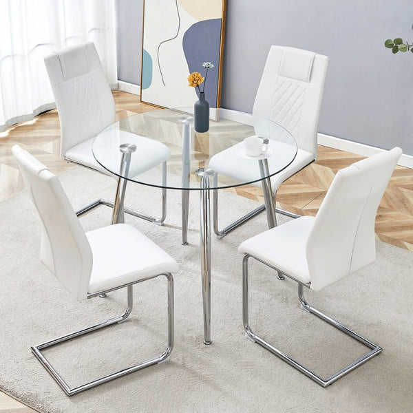 English Elm Table Set Round Tempered Glass Top Silver Legs Gray Pu Leather Chairs Modern Dining White W1151S01785
