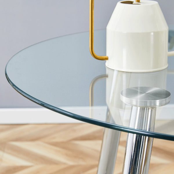 English Elm Table Set Round Tempered Glass Top Silver Legs Gray Pu Leather Chairs Modern Dining White W1151S01785