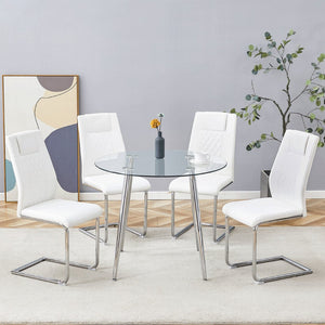 English Elm Table Set Round Tempered Glass Top Silver Legs Gray Pu Leather Chairs Modern Dining White W1151S01785
