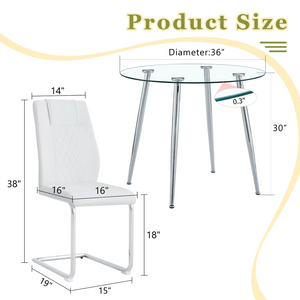 English Elm Table Set Round Tempered Glass Top Silver Legs Gray Pu Leather Chairs Modern Dining White W1151S01785