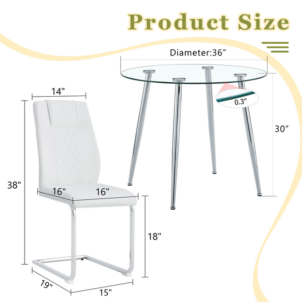 English Elm Table Set Round Tempered Glass Top Silver Legs Gray Pu Leather Chairs Modern Dining White W1151S01785