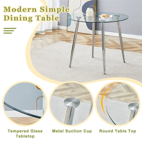 English Elm Table Set Round Tempered Glass Top Silver Legs Gray Pu Leather Chairs Modern Dining White W1151S01785