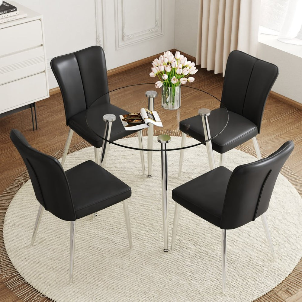 English Elm Table and Chair Set Round Glass Top Dining with Silver Legs Modern Minimalist Style W1151S01789