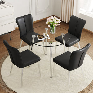 English Elm Table and Chair Set Round Glass Top Dining with Silver Legs Modern Minimalist Style W1151S01789