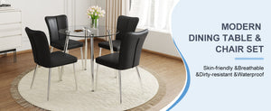 English Elm Table and Chair Set Round Glass Top Dining with Silver Legs Modern Minimalist Style W1151S01789