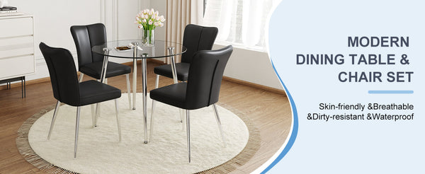 English Elm Table and Chair Set Round Glass Top Dining with Silver Legs Modern Minimalist Style W1151S01789