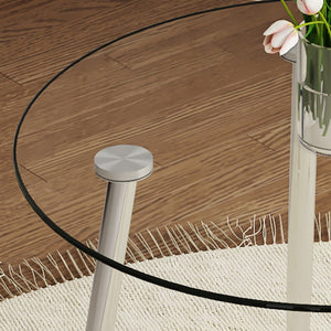 English Elm Table and Chair Set Round Glass Top Dining with Silver Legs Modern Minimalist Style W1151S01789