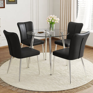 English Elm Table and Chair Set Round Glass Top Dining with Silver Legs Modern Minimalist Style W1151S01789