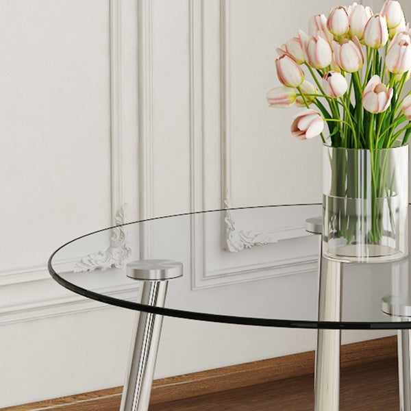 English Elm Table and Chair Set Round Glass Top Dining with Silver Legs Modern Minimalist Style W1151S01789