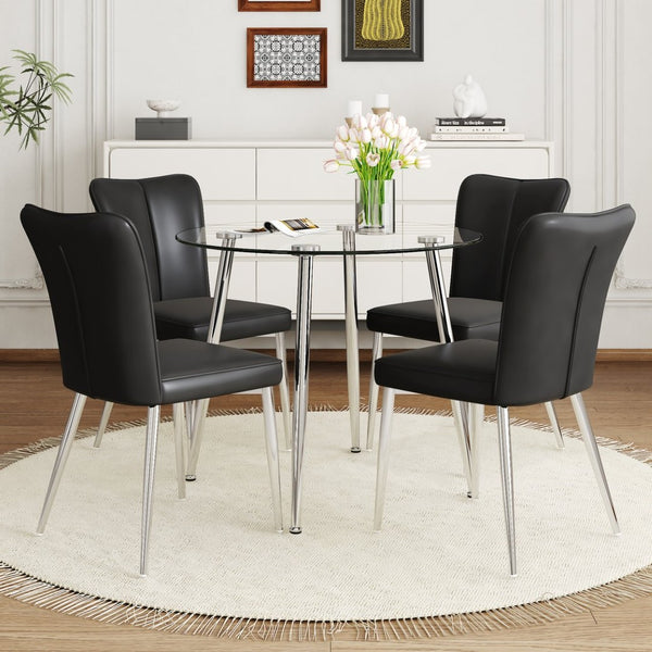English Elm Table and Chair Set Round Glass Top Dining with Silver Legs Modern Minimalist Style W1151S01789