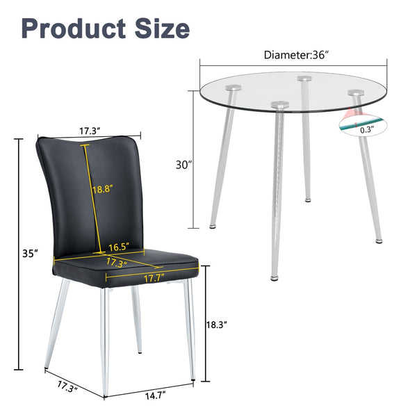 English Elm Table and Chair Set Round Glass Top Dining with Silver Legs Modern Minimalist Style W1151S01789