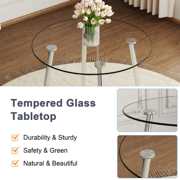 English Elm Table and Chair Set Round Glass Top Dining with Silver Legs Modern Minimalist Style W1151S01789