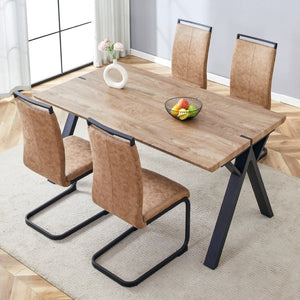 English Elm Table and Chair Set Six Person MDF Wood Grain Top with Upholstered Brown Fabric Seating W1151S02073