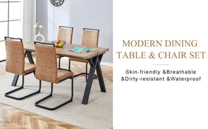 English Elm Table and Chair Set Six Person MDF Wood Grain Top with Upholstered Brown Fabric Seating W1151S02073