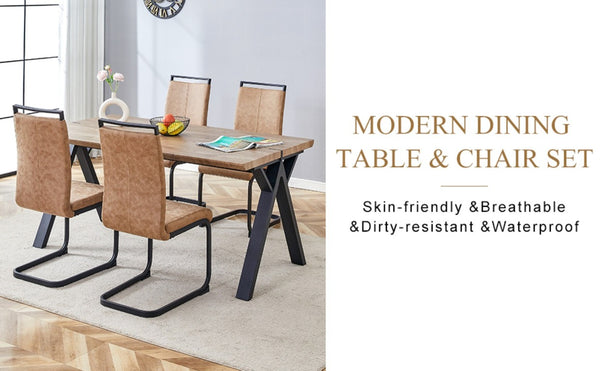 English Elm Table and Chair Set Six Person MDF Wood Grain Top with Upholstered Brown Fabric Seating W1151S02073
