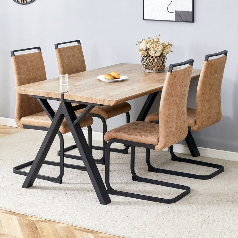 English Elm Table and Chair Set Six Person MDF Wood Grain Top with Upholstered Brown Fabric Seating W1151S02073