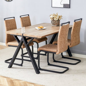 English Elm Table and Chair Set Six Person MDF Wood Grain Top with Upholstered Brown Fabric Seating W1151S02073
