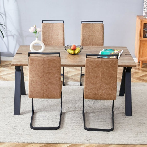 English Elm Table and Chair Set Six Person MDF Wood Grain Top with Upholstered Brown Fabric Seating W1151S02073