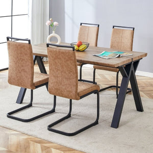 English Elm Table and Chair Set Six Person MDF Wood Grain Top with Upholstered Brown Fabric Seating W1151S02073