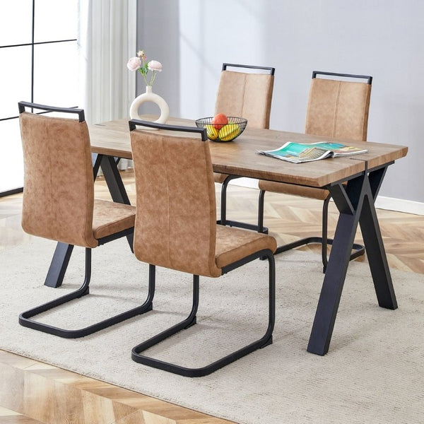 English Elm Table and Chair Set Six Person MDF Wood Grain Top with Upholstered Brown Fabric Seating W1151S02073