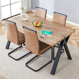 English Elm Table and Chair Set Six Person MDF Wood Grain Top with Upholstered Brown Fabric Seating W1151S02073