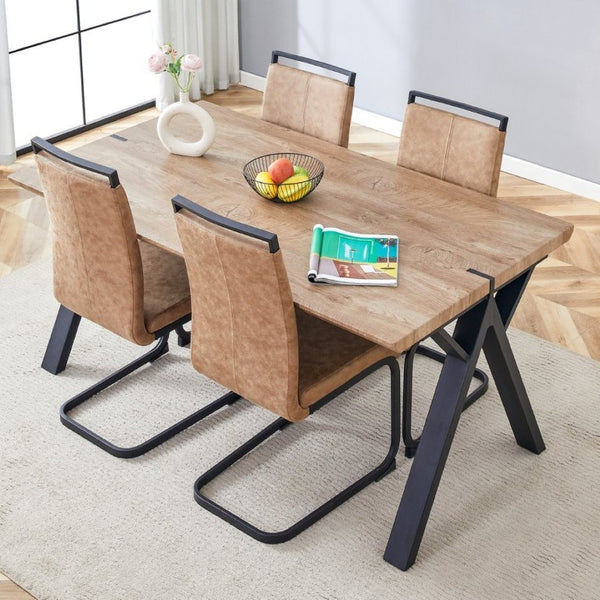 English Elm Table and Chair Set Six Person MDF Wood Grain Top with Upholstered Brown Fabric Seating W1151S02073