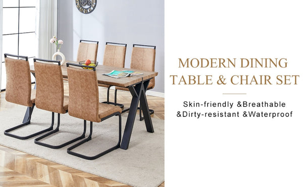 English Elm Table and Chair Set Six Person Wood Grain MDF Top with Steel a Frame Industrial Dining W1151S02074