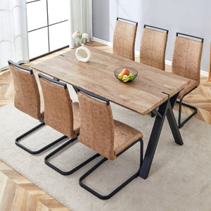 English Elm Table and Chair Set Six Person Wood Grain MDF Top with Steel a Frame Industrial Dining W1151S02074