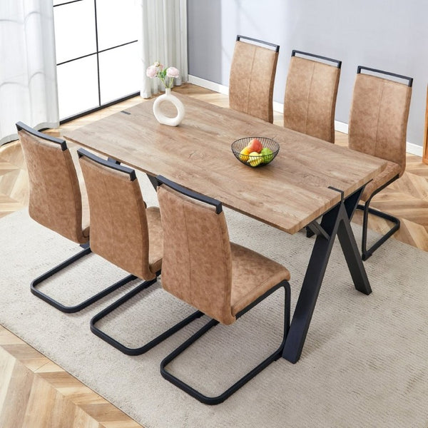 English Elm Table and Chair Set Six Person Wood Grain MDF Top with Steel a Frame Industrial Dining W1151S02074