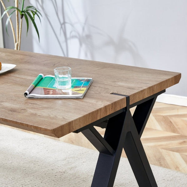 English Elm Table and Chair Set Six Person Wood Grain MDF Top with Steel a Frame Industrial Dining W1151S02074