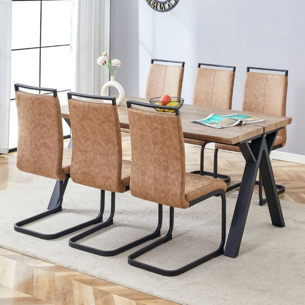 English Elm Table and Chair Set Six Person Wood Grain MDF Top with Steel a Frame Industrial Dining W1151S02074