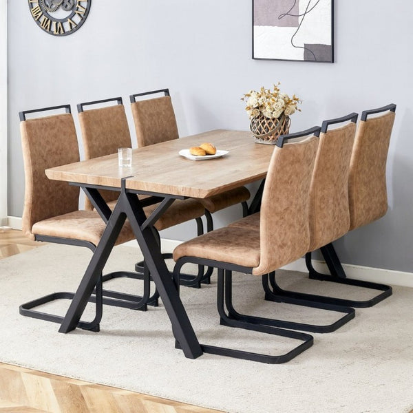 English Elm Table and Chair Set Six Person Wood Grain MDF Top with Steel a Frame Industrial Dining W1151S02074