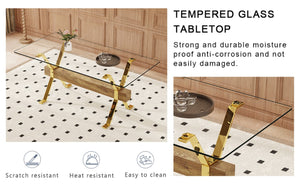 English Elm Large Glass Top Dining Table Seats Eight with Tempered Surface and Sculptural Base 71 x 35.4 x 30 Gold, Transparent W1151S02349